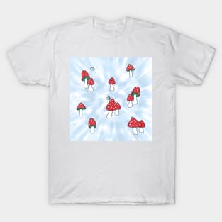 Aesthetic Red Hatted Mushrooms and Butterflies on a Light Blue Pastel Tie Dye Background T-Shirt